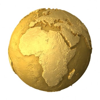 Gold globe - metal earth with realistic topography - africa, 3d render
