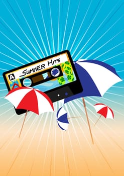 Summer Party Background - Sun Rays, Sky and Beach Umbrellas
