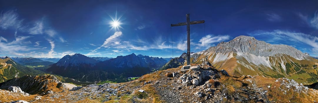 360° panorama from the Predigtstuhl with a view of the Wetterstein massif and the Mieming Mountains,Tyrol,Austria