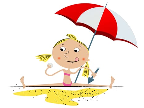 Illustration of a little girl playing on the beach. Isolated objects over white background, easy to edit graphic.