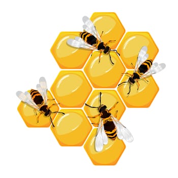 Bees on a honeycomb, isolated objects over white