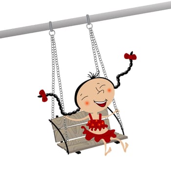 Illustration of a little smiling girl enjoing a swing