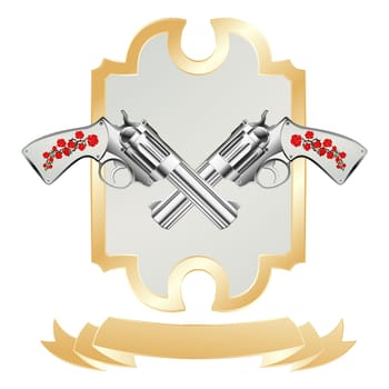 Vintage revolver and gold ribbon, framed illustration isolated on white background