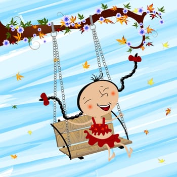Image shows a happy girl swinging and having fun