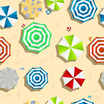A beach background seamless pattern with color umbrellas, slippers and toys.