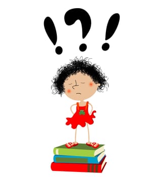 Unhappy little girl sitting on school books