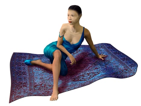 Isolated illustration of an Asian woman sitting on a magic flying carpet