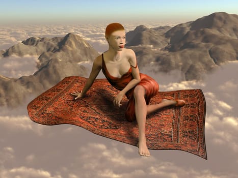 Illustration of a woman flying a magic carpet through the clouds and over the mountains