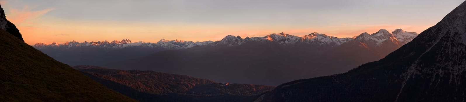 Panoramic view from the Scharnitztal valley with a view of the main Alpine ridge,Tyrol,Austria