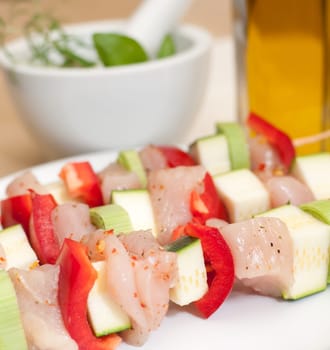 Preparation of shish kebab - Skewer With Chicken Meat, Peppar, Zucchini and Leek