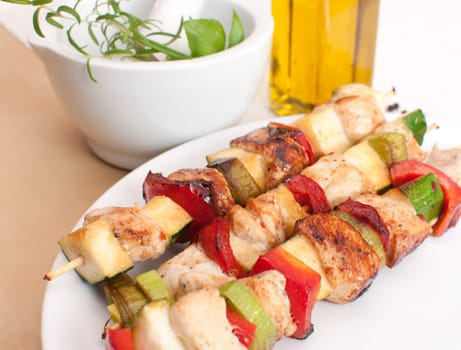 Preparation of shish kebab - Skewer With Chicken Meat, Peppar, Zucchini and Leek