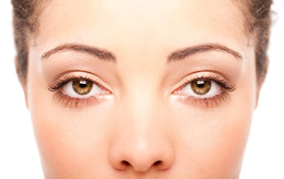 Beautiful female eyes as windows to the soul on face with fair skin, health concept, isolated.
