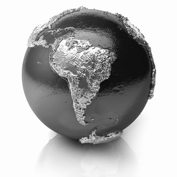 Silver globe - metal earth with realistic topography - south america  3d render