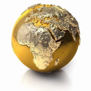 Gold globe with realistic topography and light reflections, metal earth - africa, 3d render