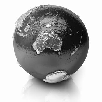 Silver globe - metal earth with realistic topography - australia, 3d render