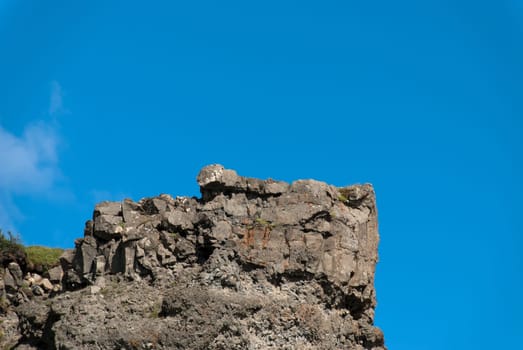 outcrop of rock with blue sky gullfoss in iceland