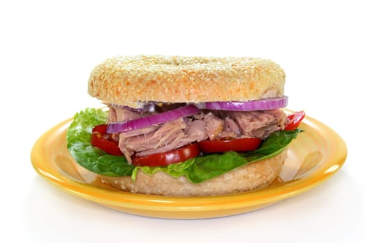 a bagel topped with tuna,onion and tomato