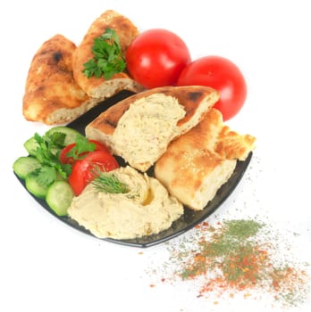 Bread with pate and fresh vegetables of tomatoes and cucumbers