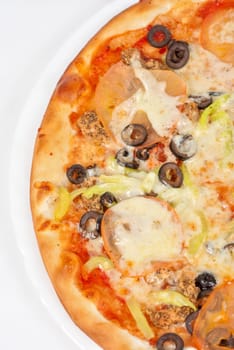 seafood pizza closeup with salmon, shrimps, tomato, pepper, olive and mozzarella cheese on a white background