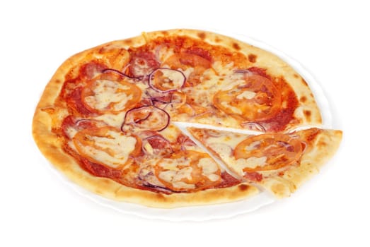pizza closeup with salami, tomato, onion and mozzarella cheese