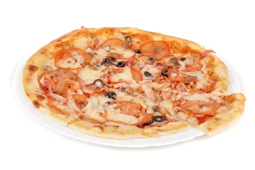 meat pizza closeup with carbonado ham, tomato, olive and mozzarella cheese