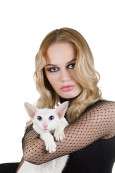 beauty young blond woman with oriental shorthair cat on a white