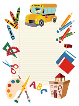 Back to school concept illustration background. Bus, children and school facade composition.