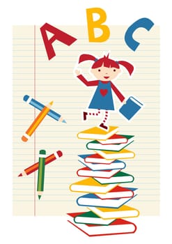 Back to school concept illustration background. Bus, children and school facade composition.