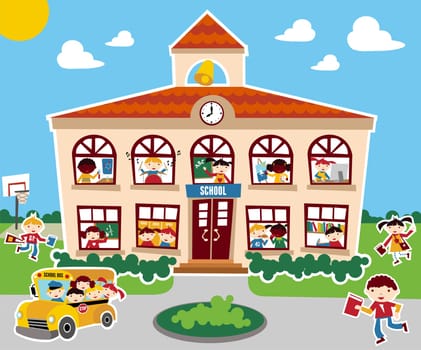 Back to school concept illustration background. Bus, children and school facade composition.