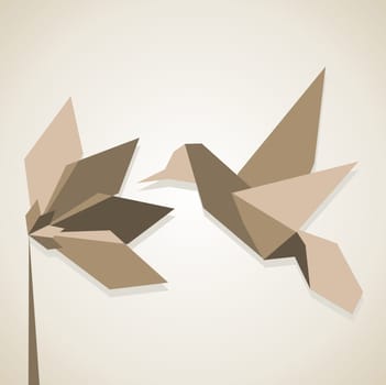 Origami monochromatic brown colors hummingbird and flower. Vector file available.