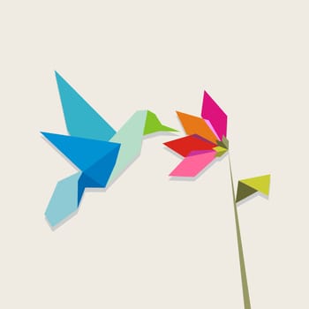 Origami pastel colors hummingbird and flower on pastel color background. Vector file available.