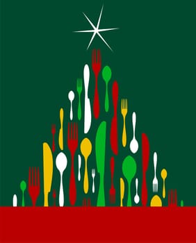 Christmas Tree Cutlery. Fork, spoon and knife pattern forming a tree with a shiny white star on top. Green background. Usable as invitation card. Vector file available.