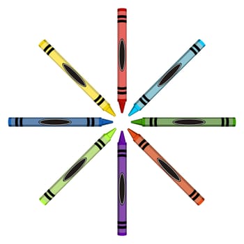 Circle of large colored crayons with the ends toward the center. Isolated on a white background