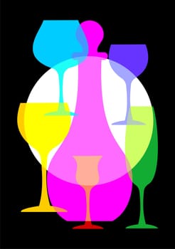 Colorful wine glasses and bottle set on black background