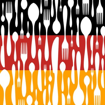 German Cuisine. Cutlery silhouettes: spoon, knife and fork pattern on black, red and yellow wide striped background as an icon of the country flag. Vector available