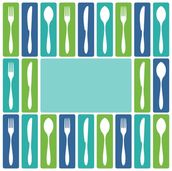 Food, restaurant, menu design with cutlery icons as frame. Fork, knife and spoon silhouettes on different backgrounds. Vector avaliable