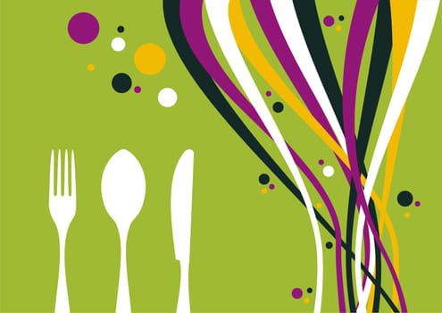 Spoon, fork, knife and multicolored waves on lime background. Food, restaurant, menu design with cutlery and bubbles silhouettes. Vector available