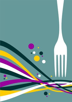 Fork with multicolored waves on light blue background. Food, restaurant, menu design with cutlery and waves background. Vector available