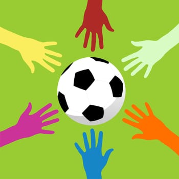 Multicolor hands trying to catch a soccer ball on apple green background
