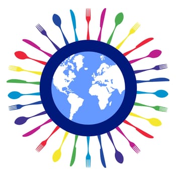 Cutlery icons. Colorful cutlery silhouettes around Earth planet on white background. Vector available.