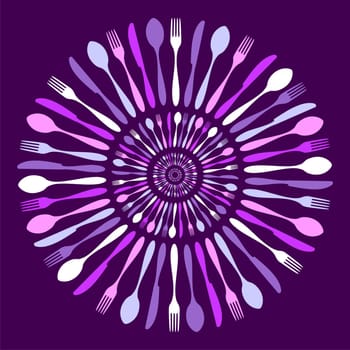 Cutlery icons. Cutlery silhouettes circled pattern on violet background. Vector available.
