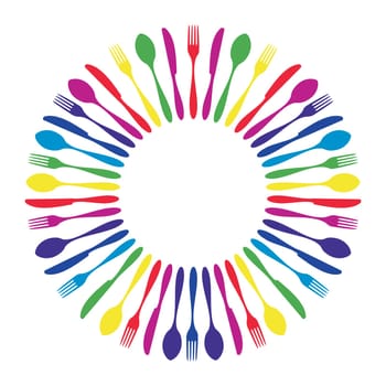 Cutlery icons. Colorful cutlery silhouettes in circle on white background. Vector available.