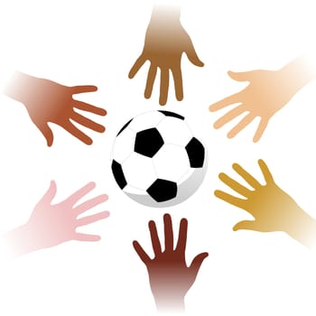 Multicolor hands trying to catch a soccer ball on white background