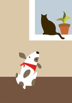 The dog looks at the cat in the window