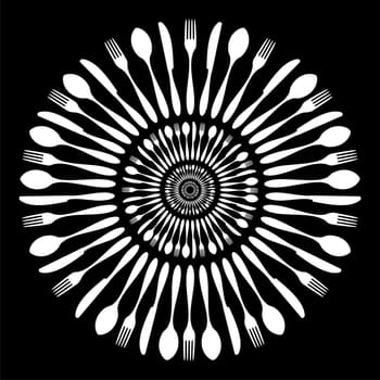 Cutlery icons. White cutlery silhouettes in circle on black background. Vector available