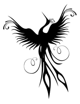 Black phoenix bird figure isolated over white. Re-birth concept.