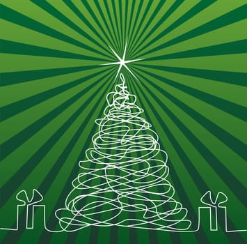 White outline drawing Christmas tree and gifts. Shiny star on top. Sriped green background. Vector available