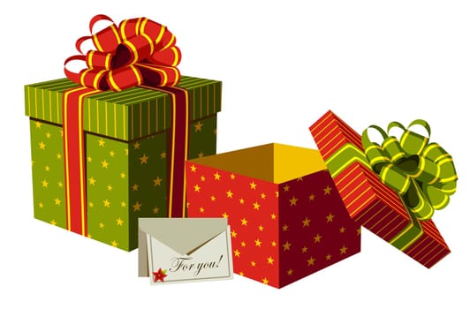 Gifts boxes and personalized card with Christmas flower. White background. Vector available