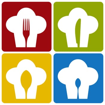 Chef icons. Chef hat silhouette pattern with cutlery inside on different background. Vector available.