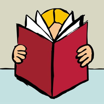 Cartoon style drawing of one blonde person reading a big red book. Vector file available.